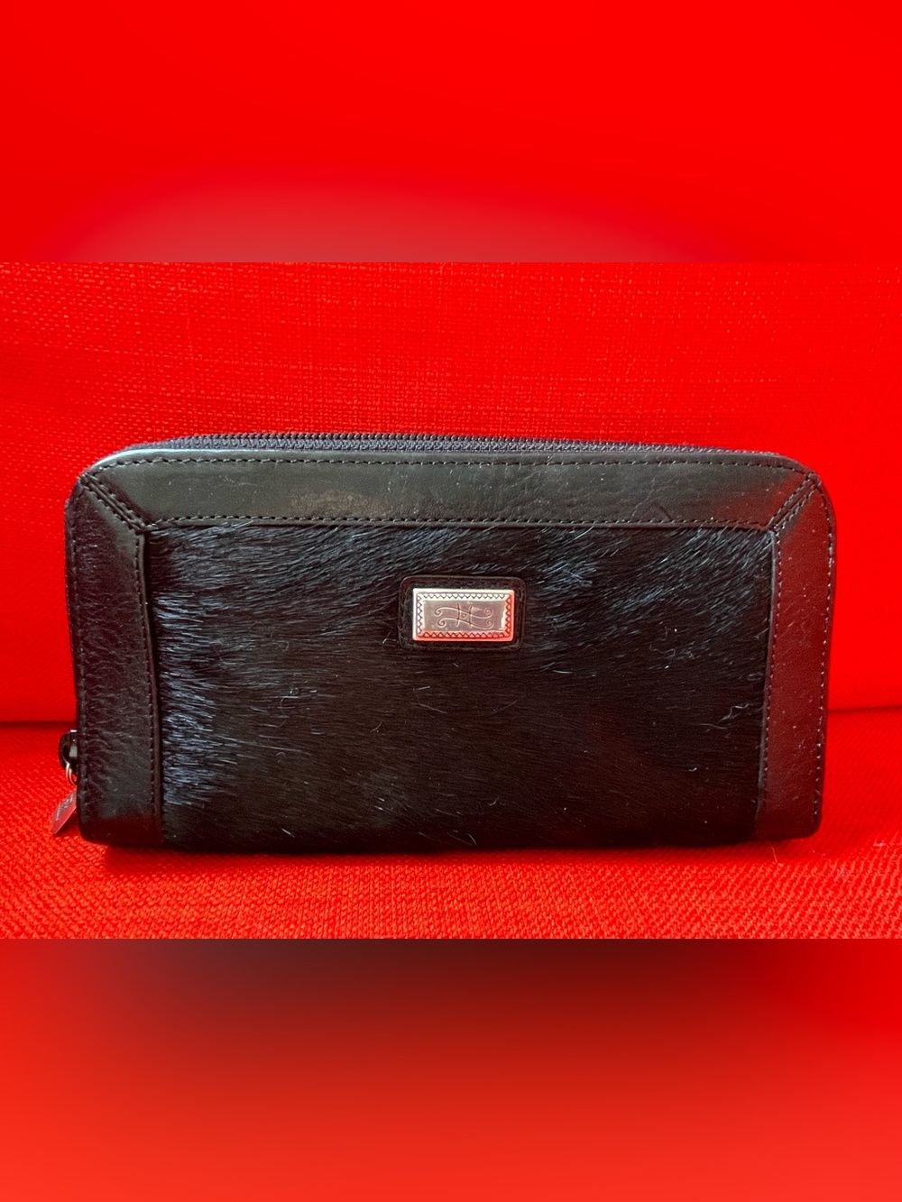 Brighton “Thompson” Y2K designer zip-around leather & horse hair wallet.